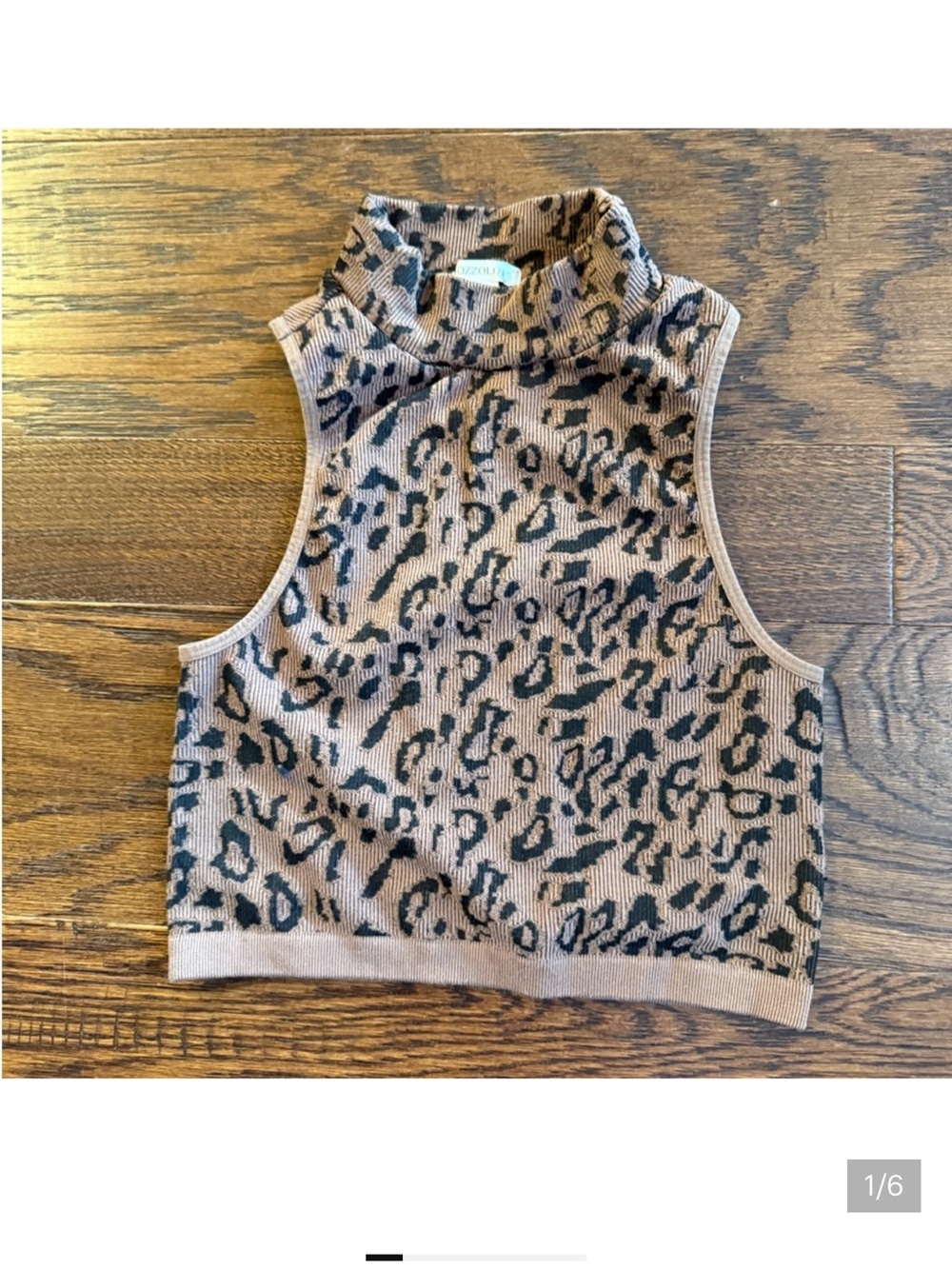 Bozzolo Taupe and Black Leopard Print Sleeveless Mock Neck Crop Top Small/Medium - Picture 3 of 3